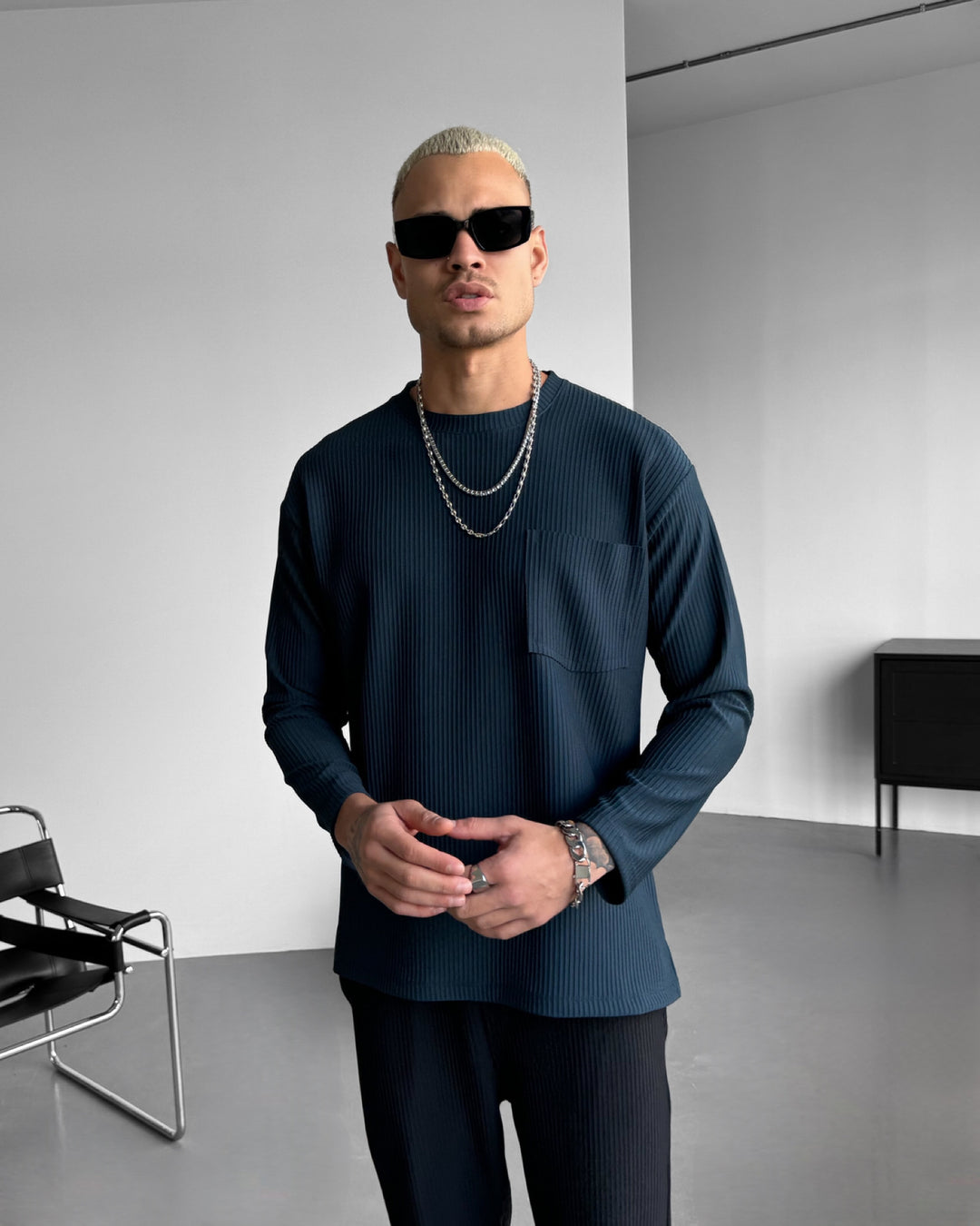 Loose Fit Striped Pocket Sweatshirt - Petrol