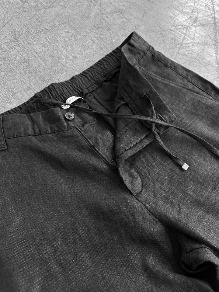 Loose Fit Linen Trousers - Black