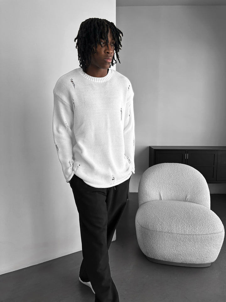 Oversize Torn Sweater - White