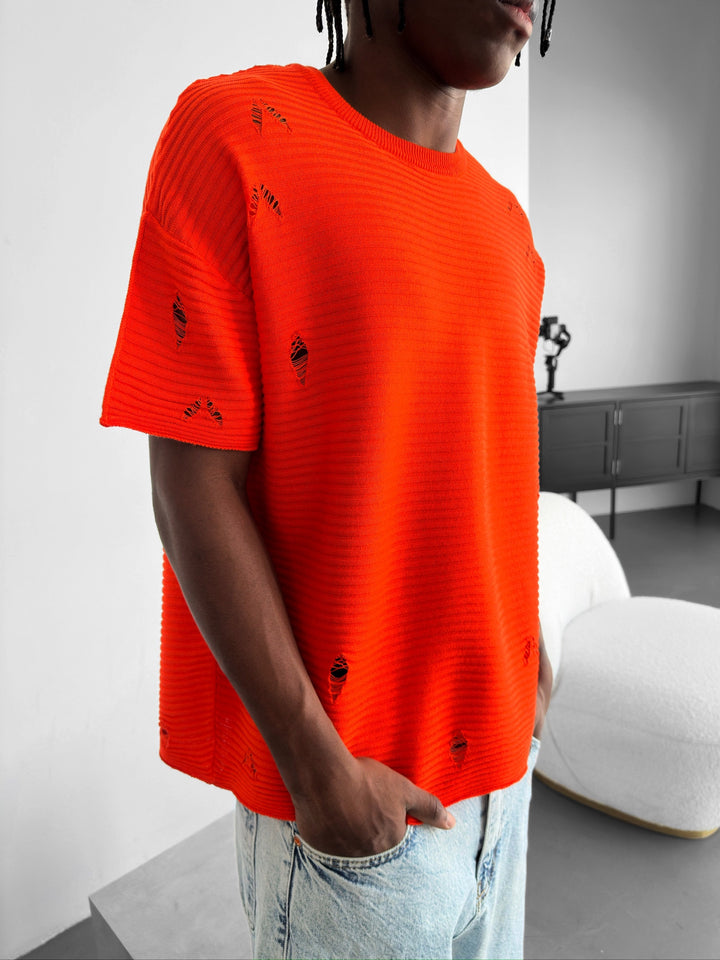 Loose Fit Torn Ribbed Knit T-Shirt -Orange