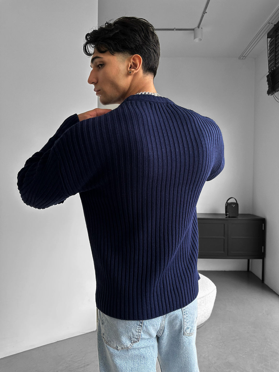 Loose Fit Striped Structure Pullover - Navy Blue