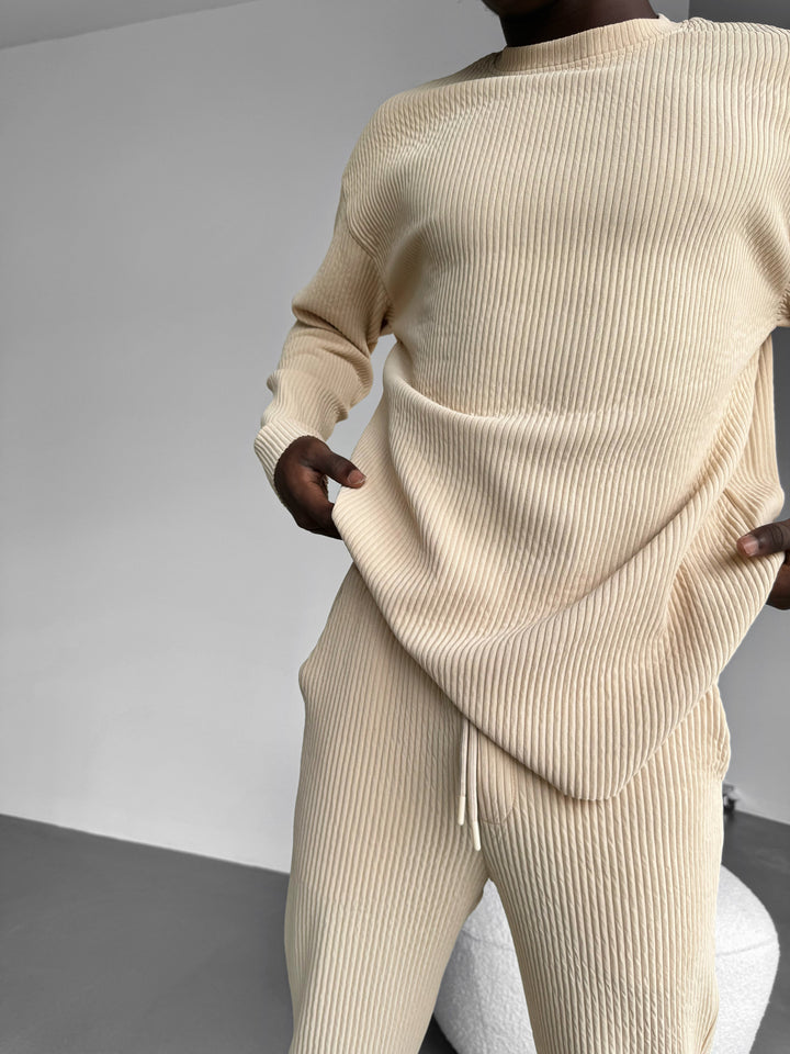 Oversize Ribbed Long Arm T-shirt - Almond Buff