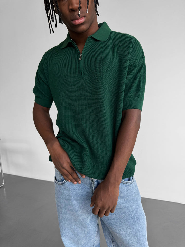 Oversize Zipper Knit Polo T-shirt - Emerald