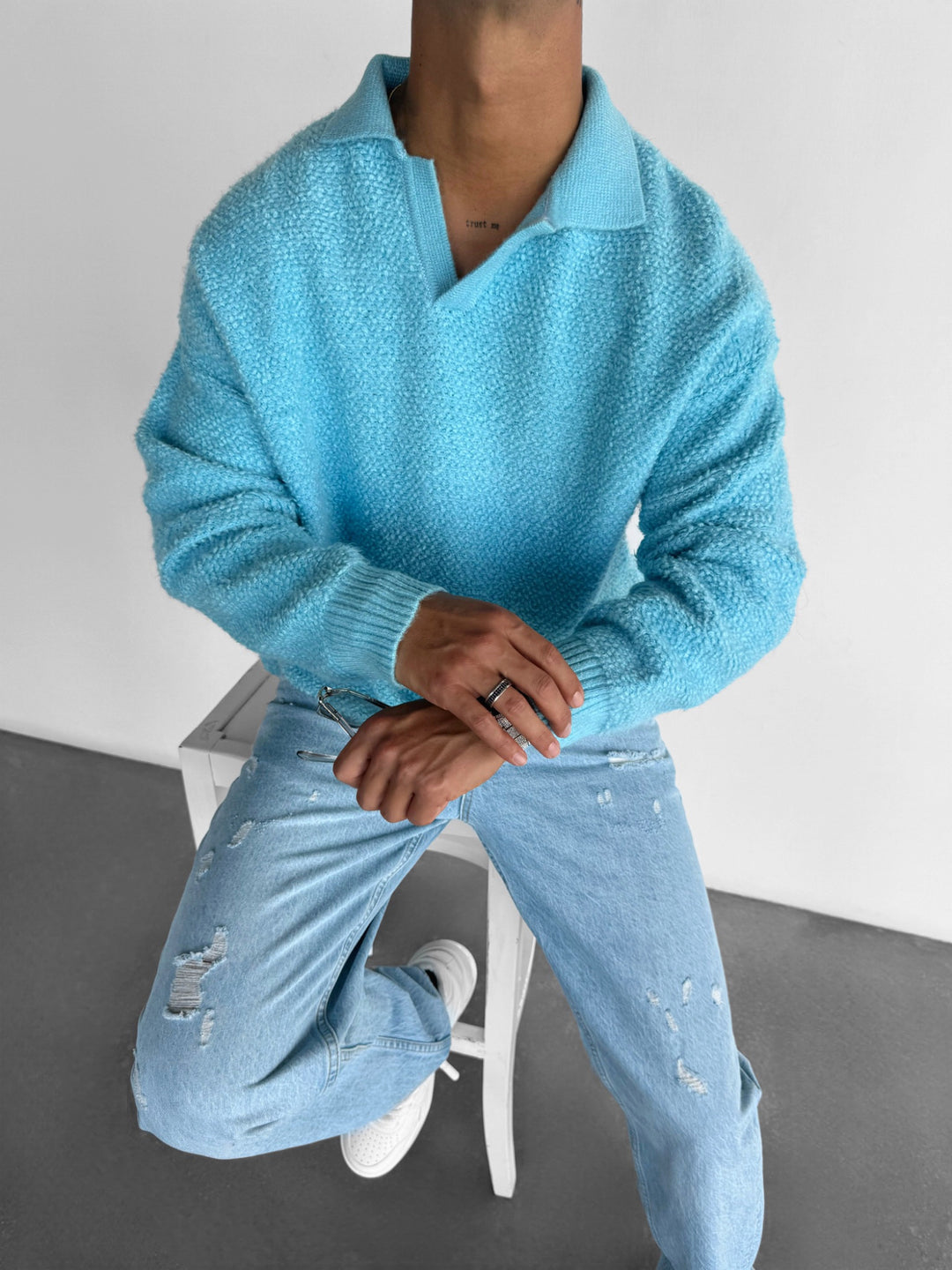 Knit Collar Brushed Pullover - Ice Blue