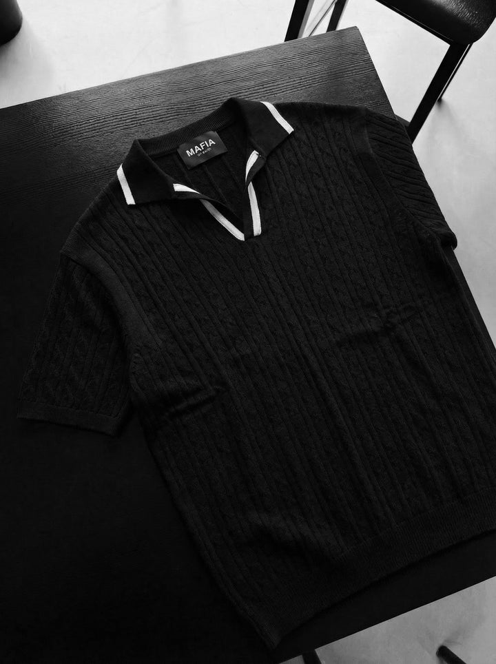Oversize Structured Polo T-Shirt - Black