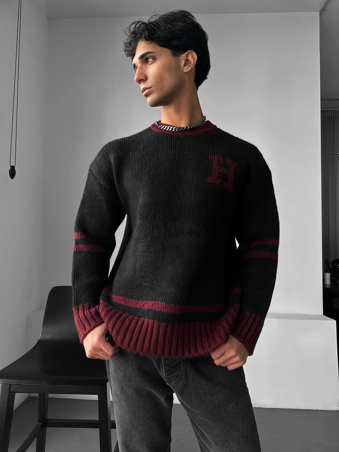 Oversize Knit Letter Sweater - Bordeaux