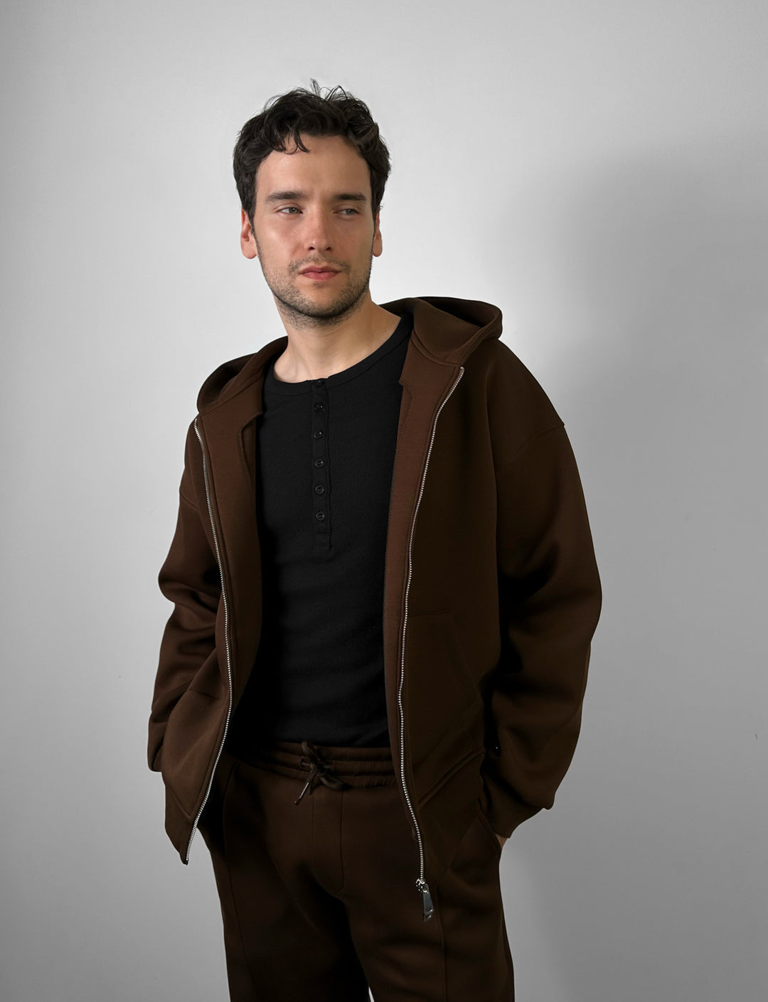 Loose Fit Double-Zip Hoodie - Brown