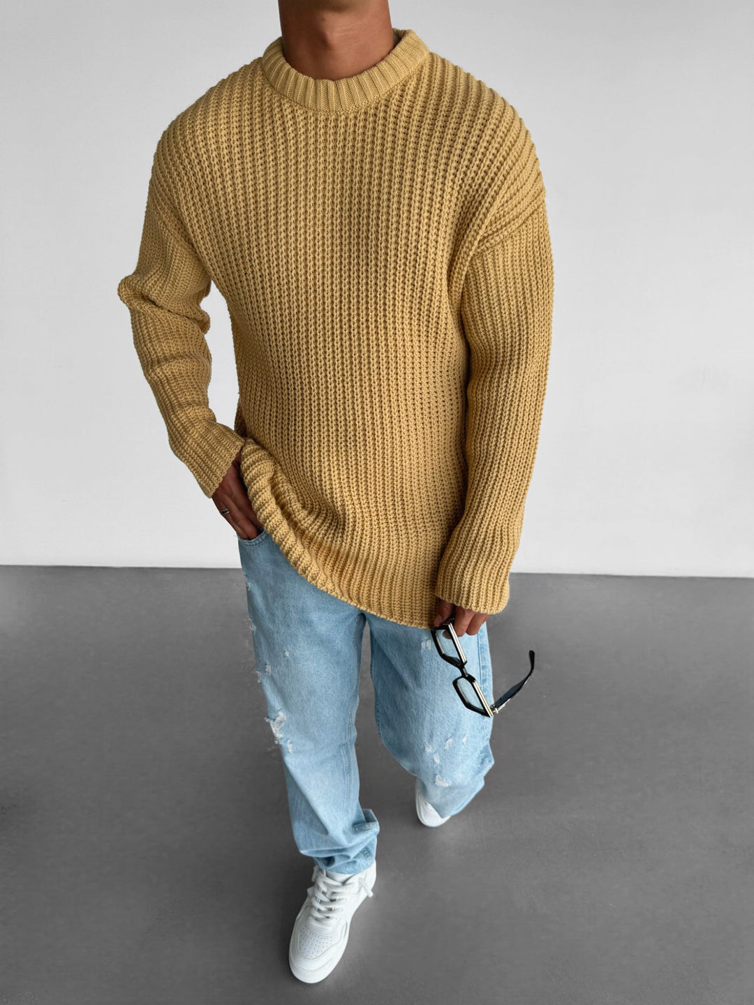 Oversize Round Neck Knit Sweater - Mustard