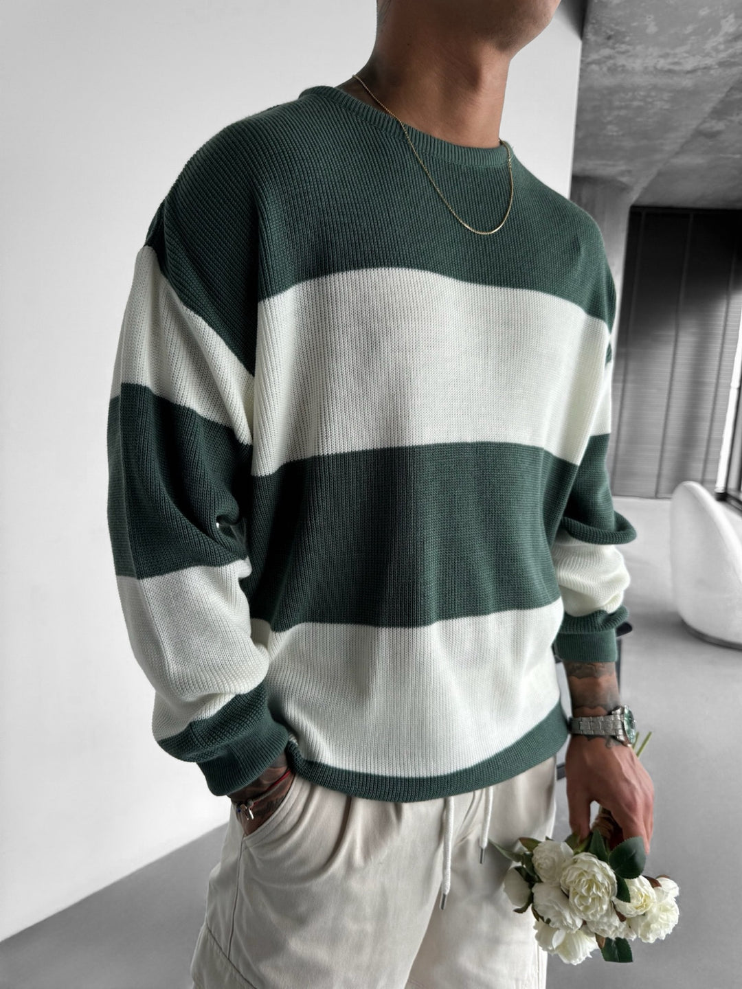 Loose Fit Strip Knit Sweater - Petrol