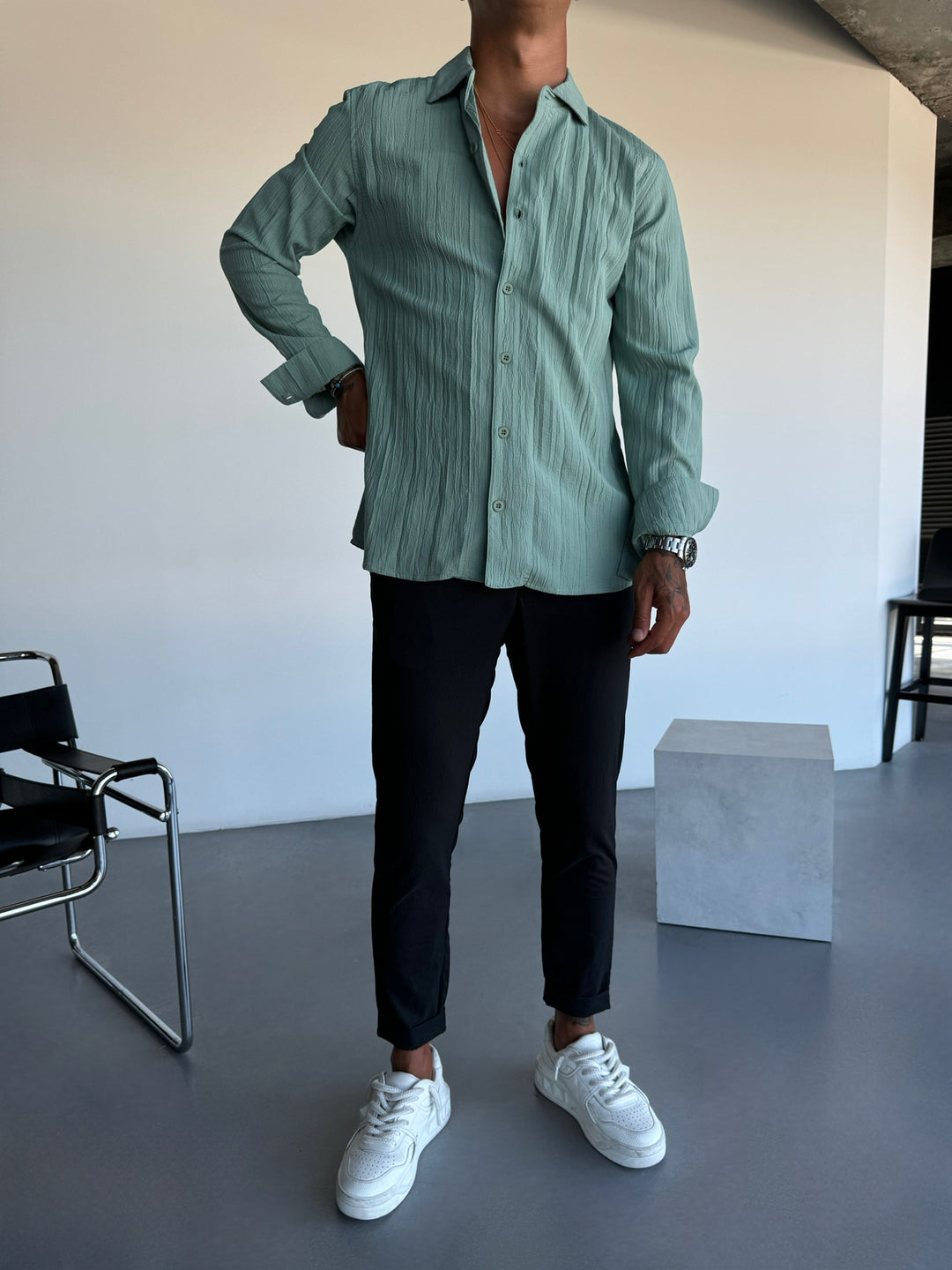 Regular Fit Pleated Shirt - Green