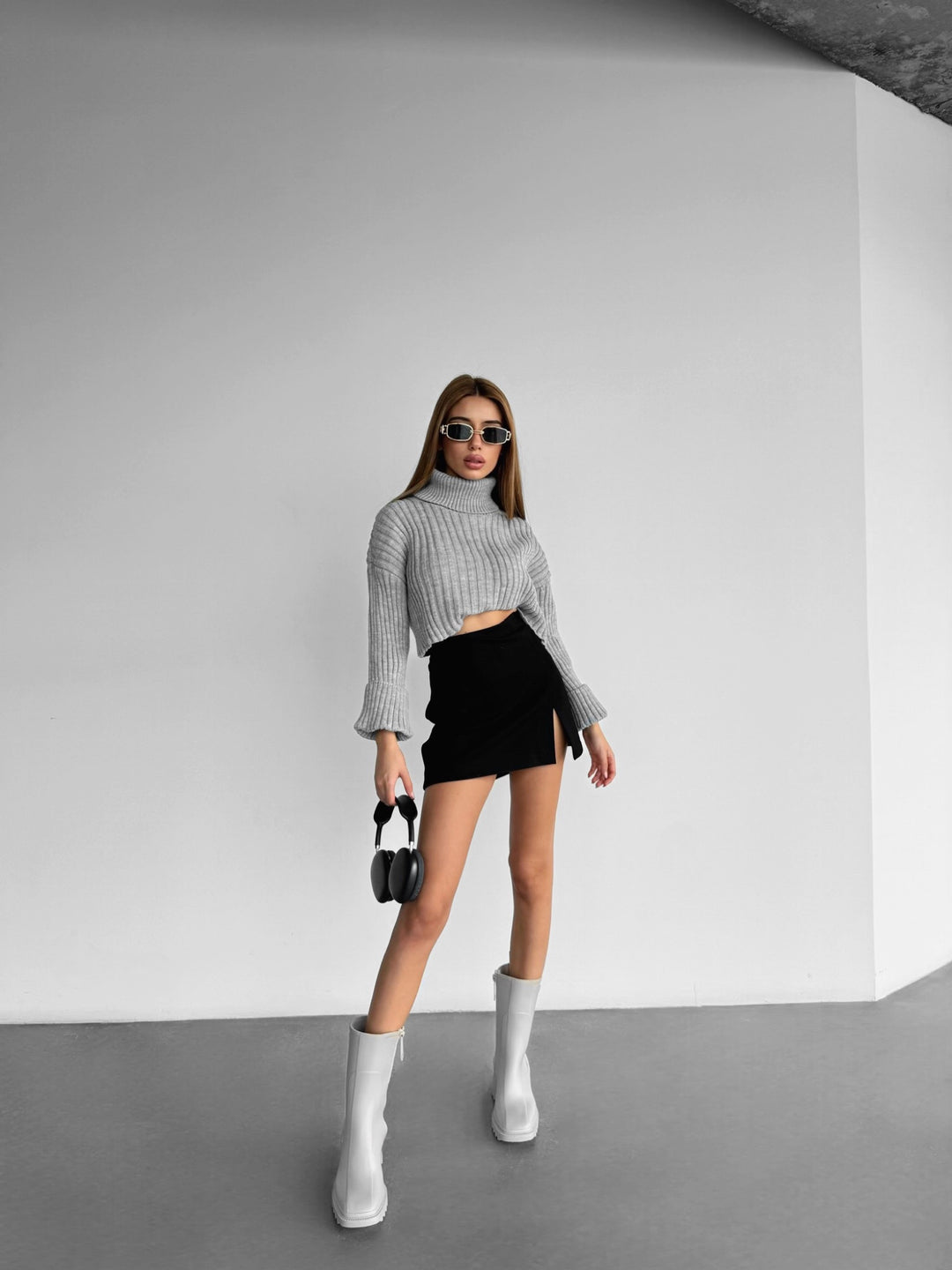 Long Arm Collar Sweater - Grey