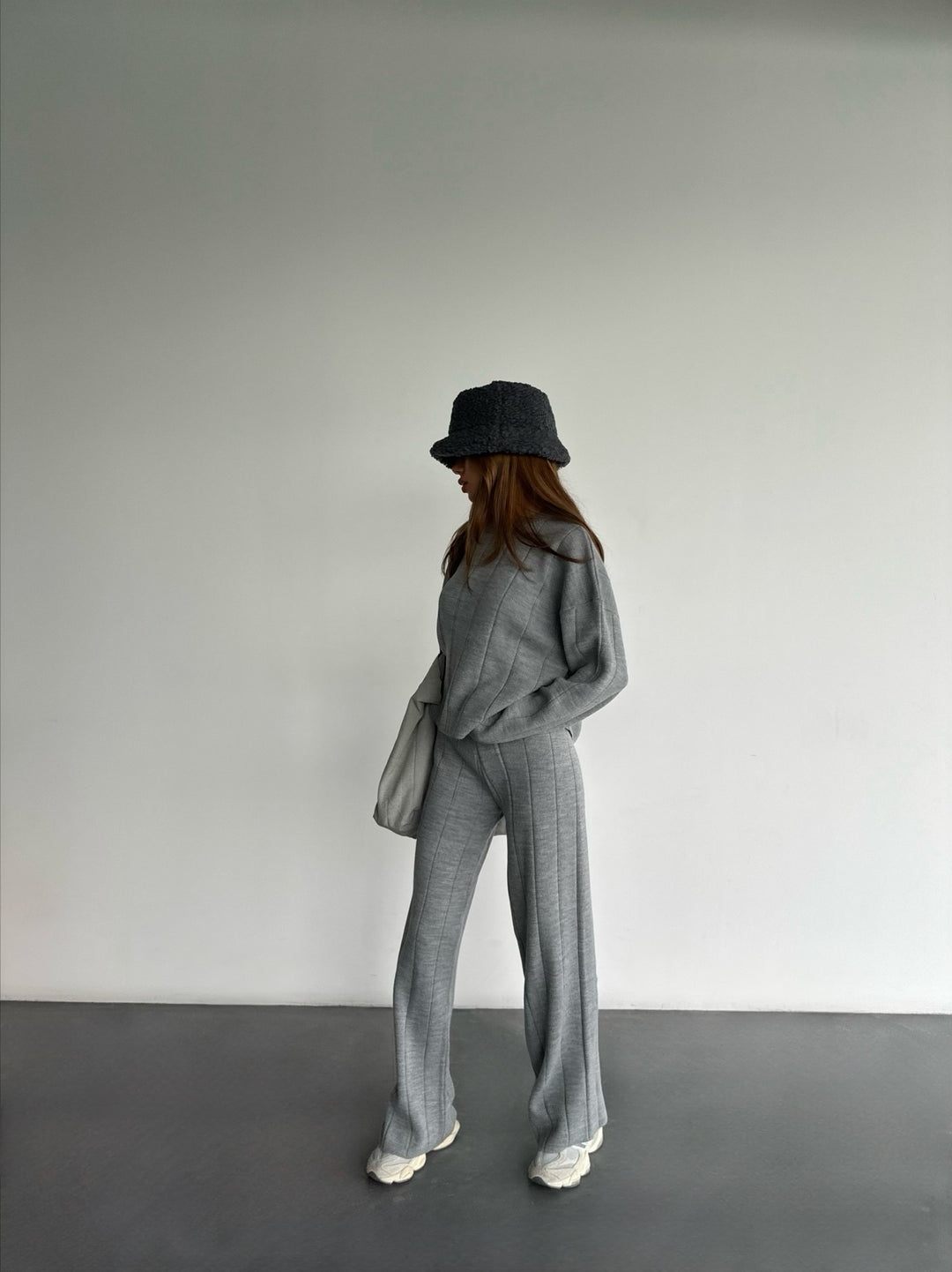 Wide Leg Knit Textured Trousers - Grey
