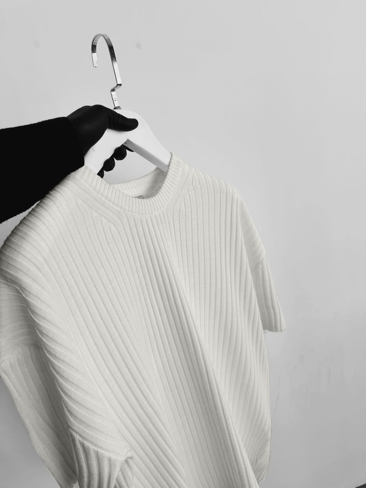 Loose Fit Ribbed Knit T-Shirt - Ecru