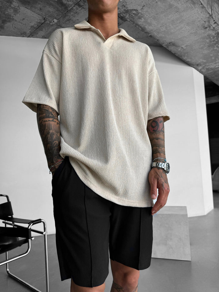 Oversize Crepe Polo T-Shirt - Beige