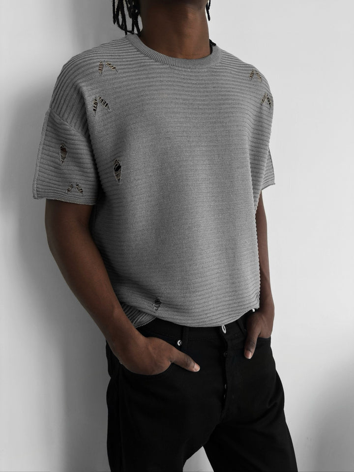 Loose Fit Torn Ribbed Knit T-Shirt - Grey Melange