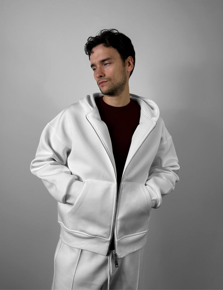 Loose Fit Double-Zip Hoodie - Ecru