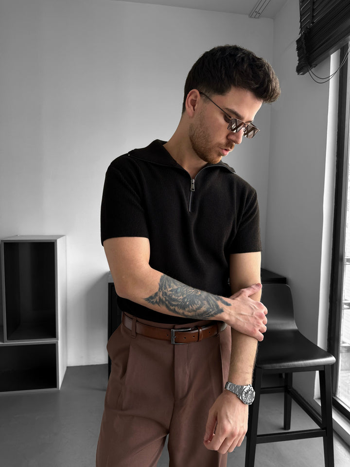 Oversize Zip Neck Knit T-shirt - Dark Brown