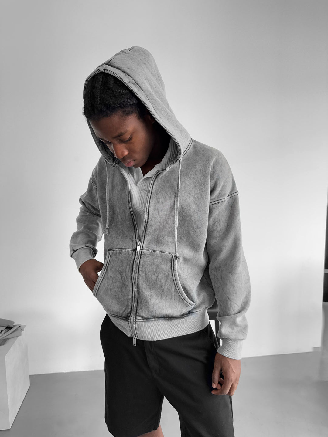 Oversize Washed Zipper Hoodie - Anthracite