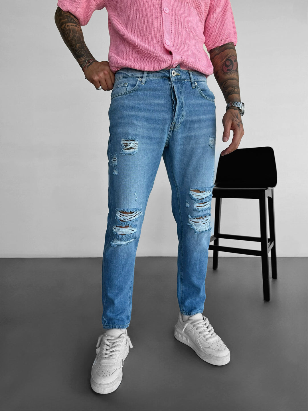 Ripped Boyfriend Washed Jeans - Light Blue