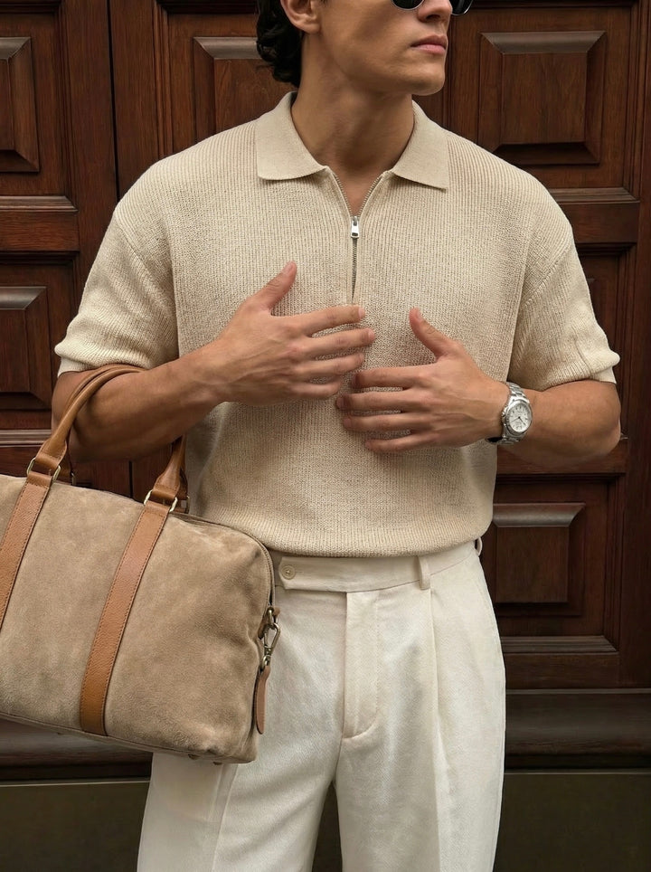 Oversize Zipper Knit Polo T-shirt - Beige