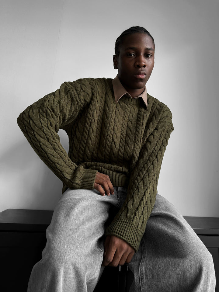 Oversize Knit Braid Sweater - Khaki