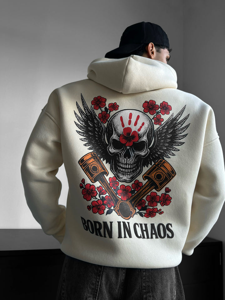 Oversize Skeleton Born in Chaos Hoodie - Antique White