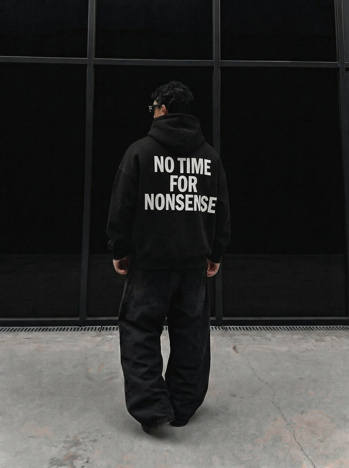 Oversize “No Time for Nonsense” Hoodie - Black and White