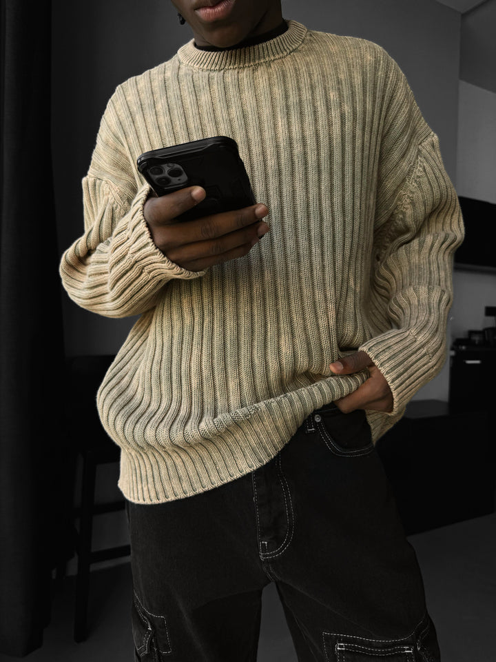 Oversize Ribbed Washed Sweater - Stone