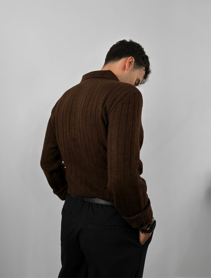 Loose Fit Polo Knit Pullover - Brown