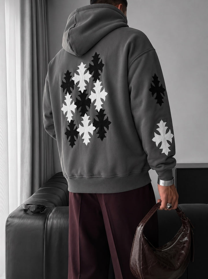 Oversize Gothic Cross Hoodie - Anthracite