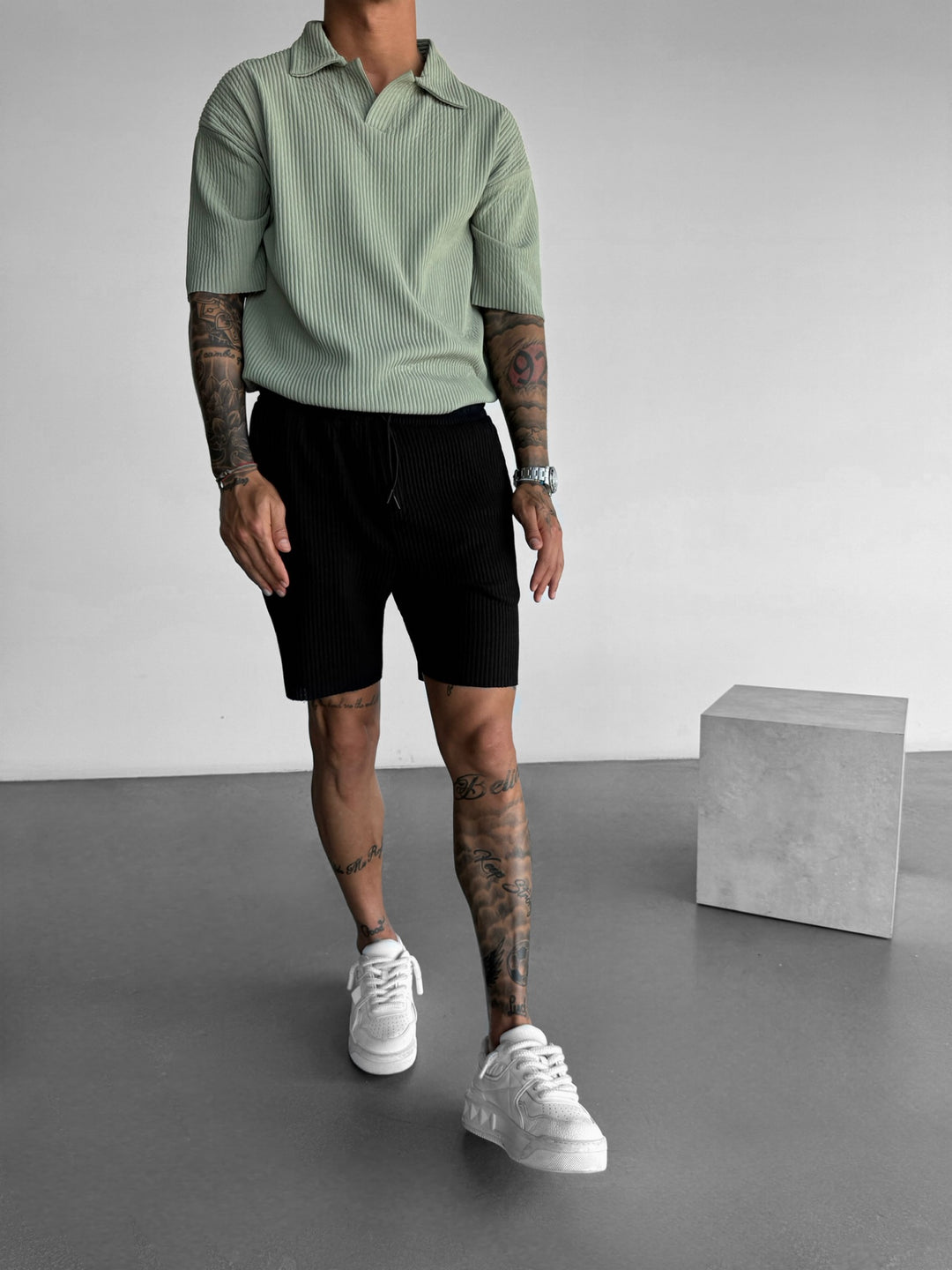 Oversize Ribbed Polo T-Shirt - Green