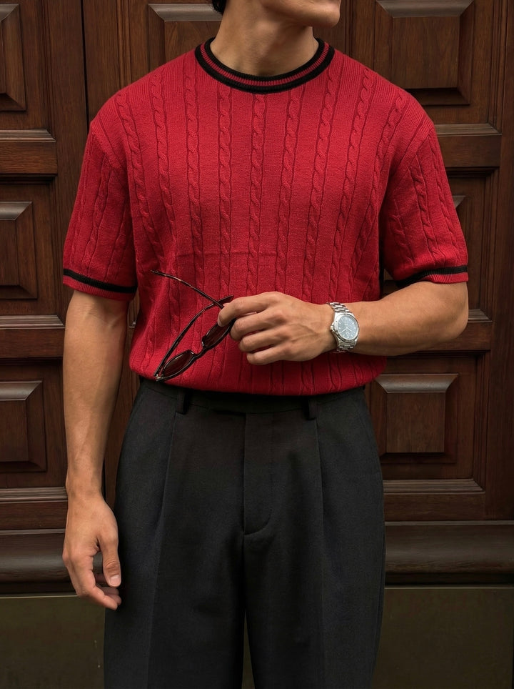 Regular Fit Braid Knit T-shirt - Bordeaux
