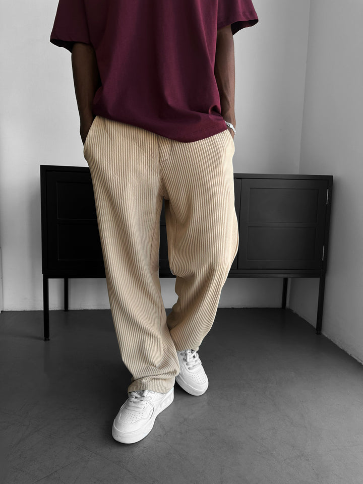 Loose Fit Ribbed Trousers - Beige