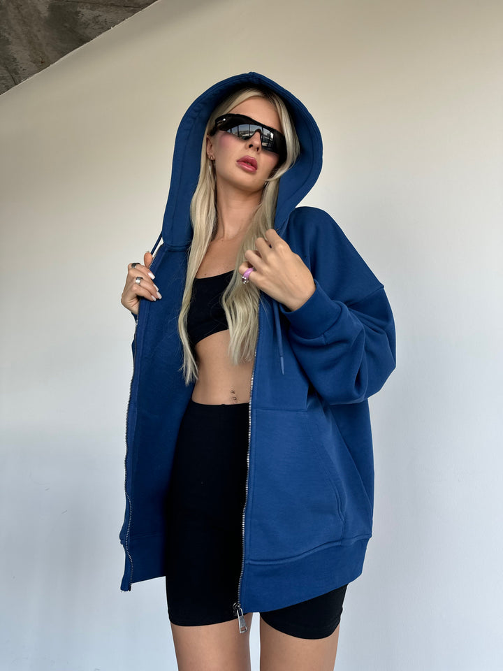 Oversize Basic Zipper Hoodie - Navy Poeny