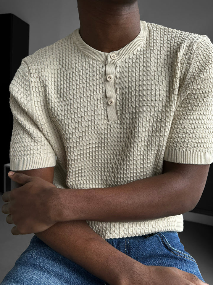 Regular Fit Waffle Button T-shirt - Beige