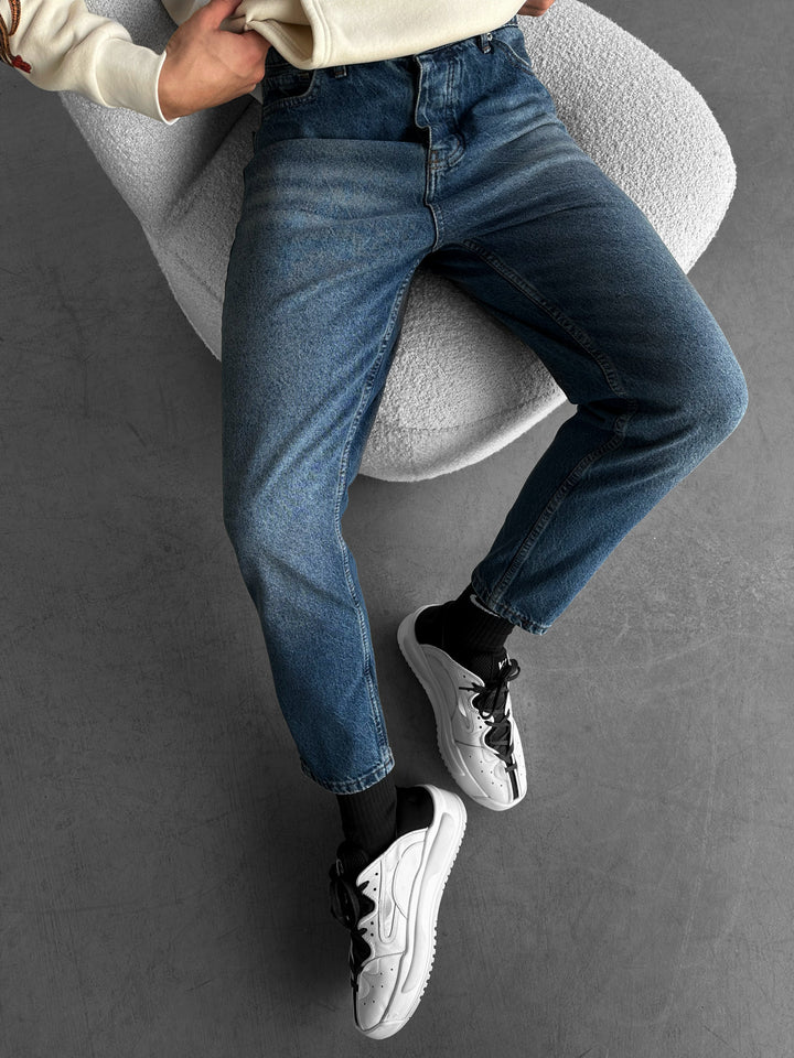 Boyfriend Fit Washed Jeans - Dark Blue