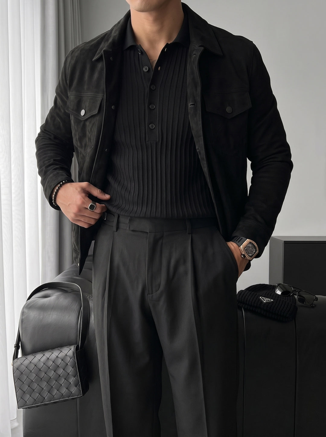 Slim Fit Polo Knit Sweater - Black