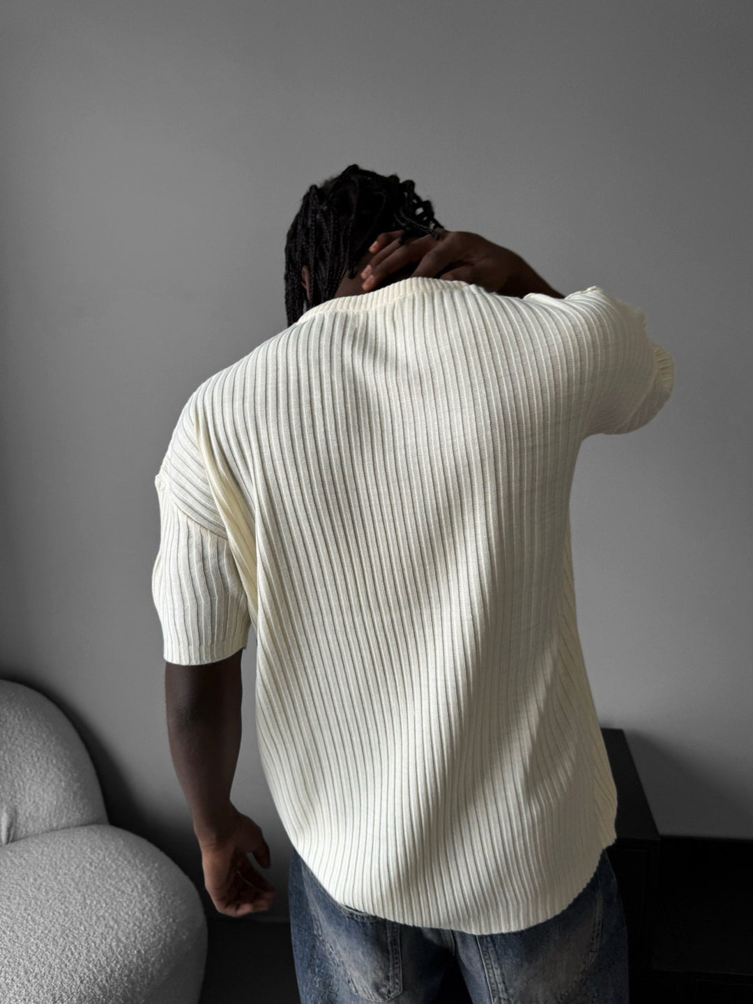 Loose Fit Ribbed Knit T-Shirt - Cremé