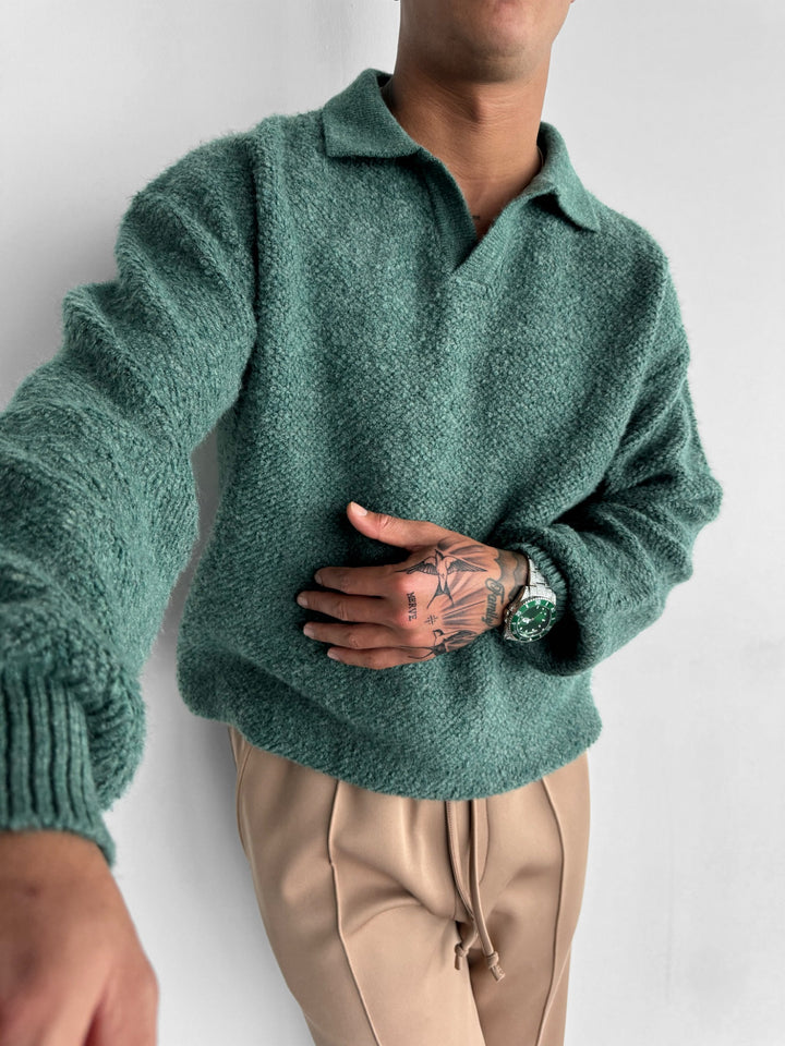 Knit Collar Brushed Pullover - Petrol