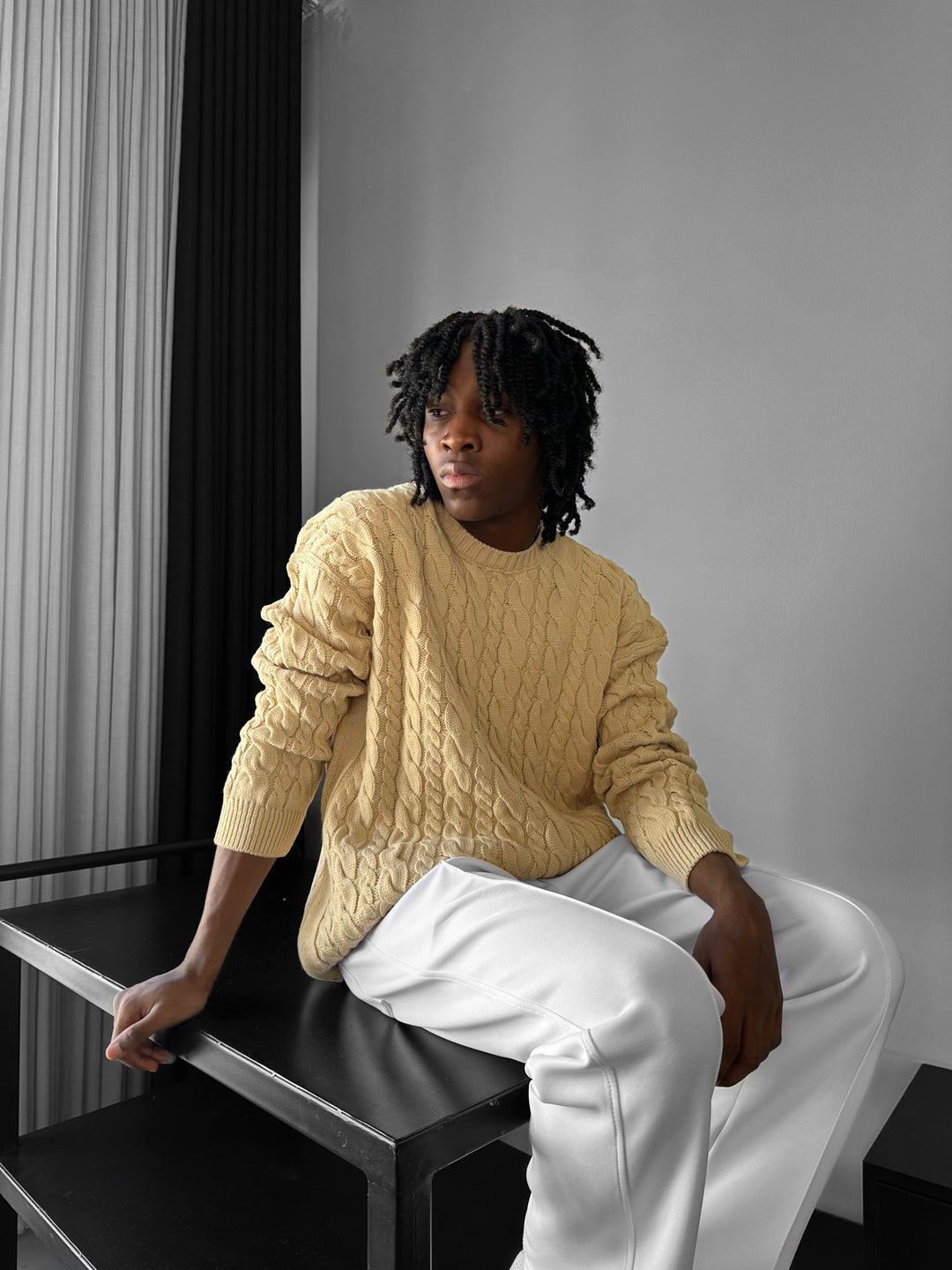 Oversize Knit Braid Sweater - Beige
