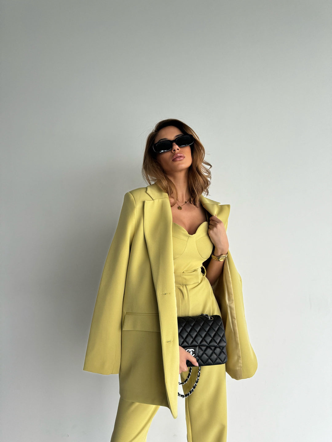 Heart Neck Top with Blazer - Pistachio