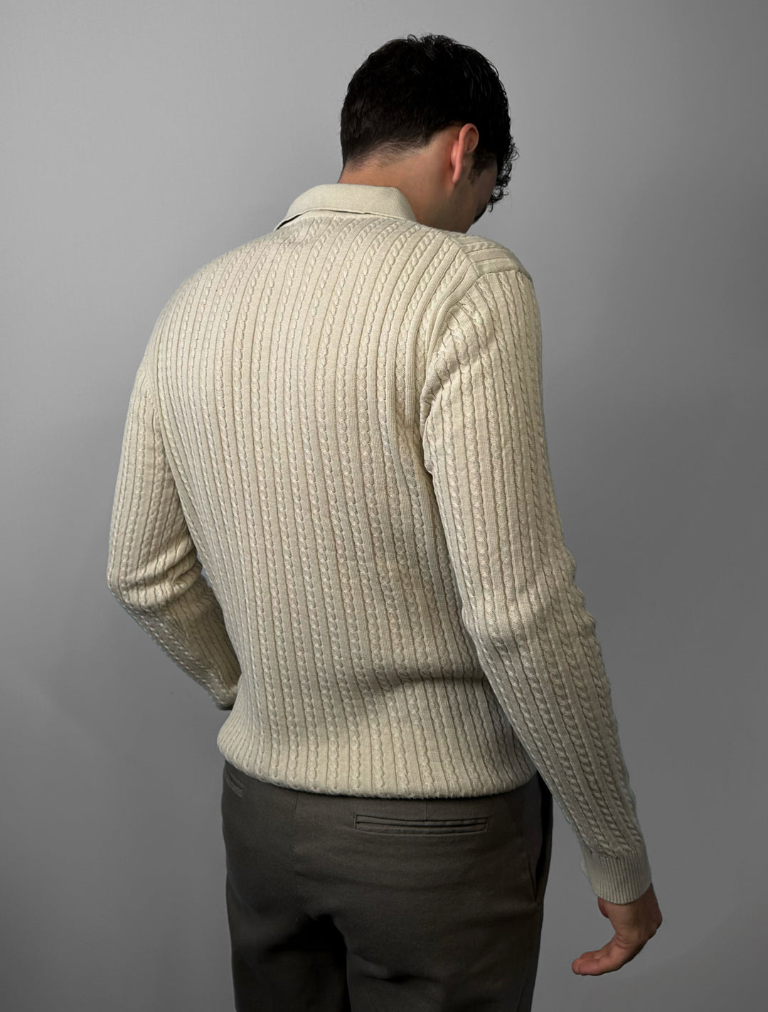 Slim Fit Textured Polo Knit Sweater - Beige
