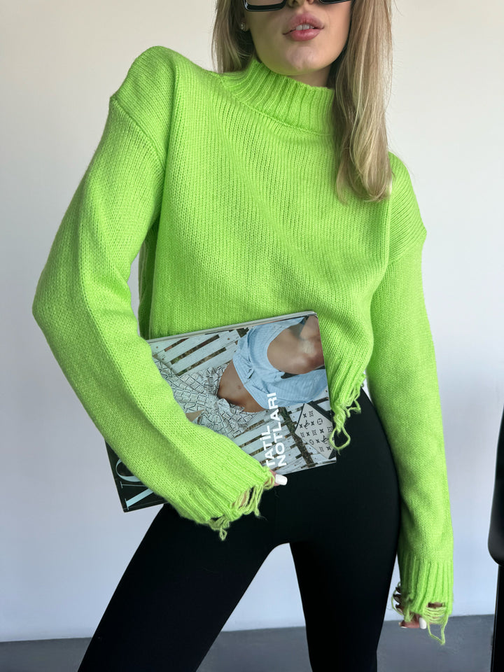 Half Collar Sweater With Fray - Apple Green