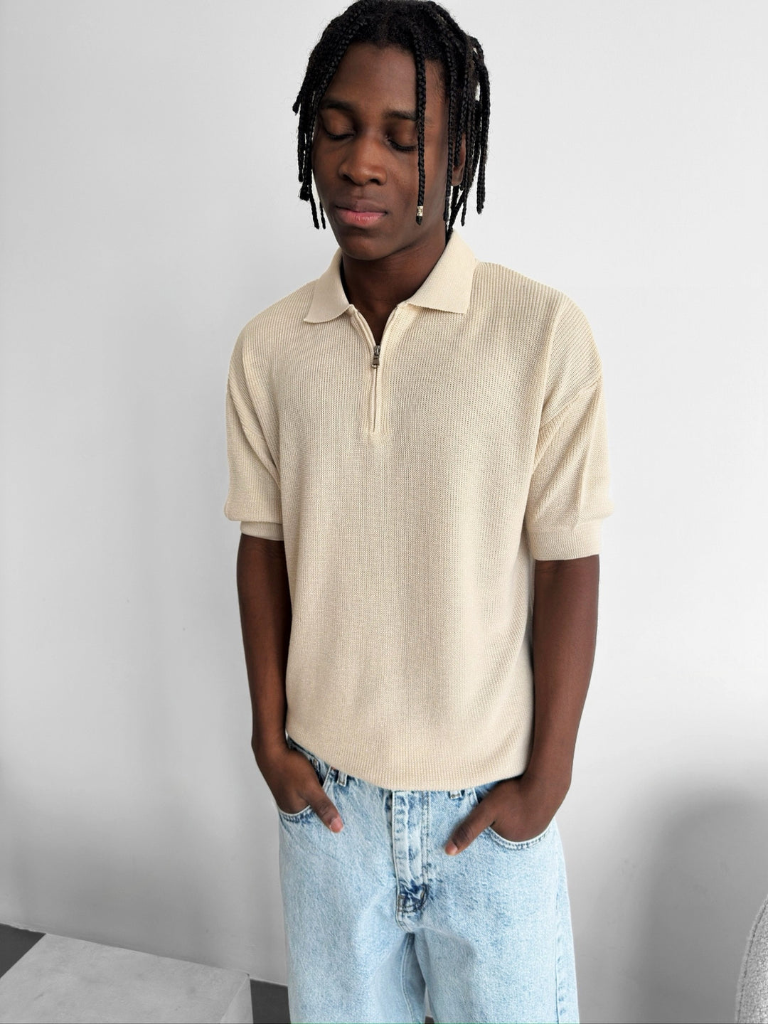 Oversize Zipper Knit Polo T-shirt - Beige