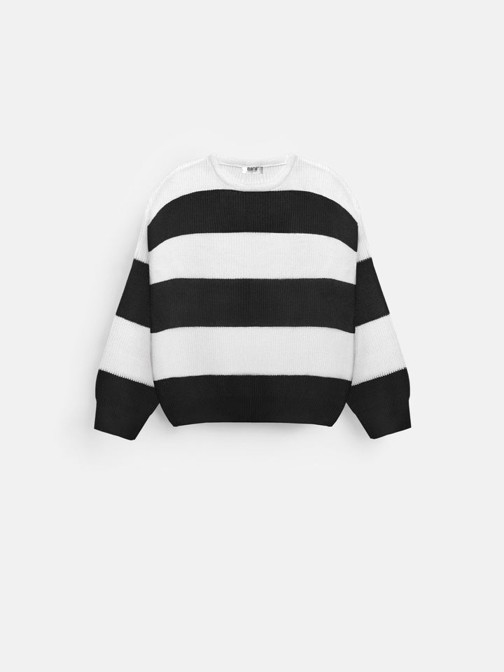 Loose Fit Strip Knit Sweater - Black