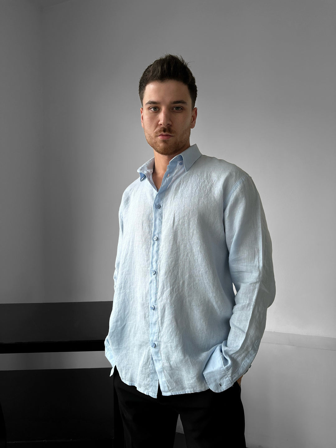 Regular Fit Long Arm Linen Shirt - Blue