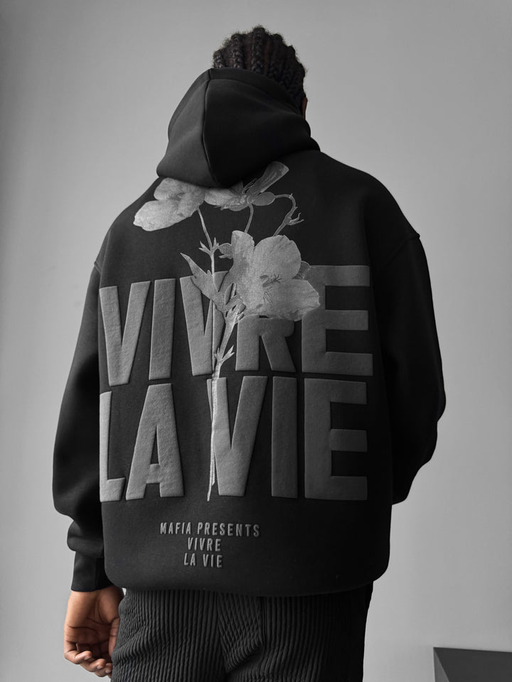 Oversize Vivre La Vie Hoodie - Black and Grey