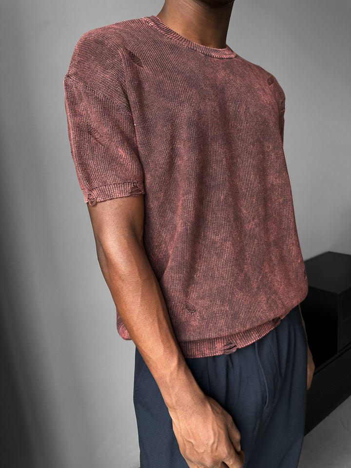 Oversize Knit Torn T-Shirt - Bordeaux