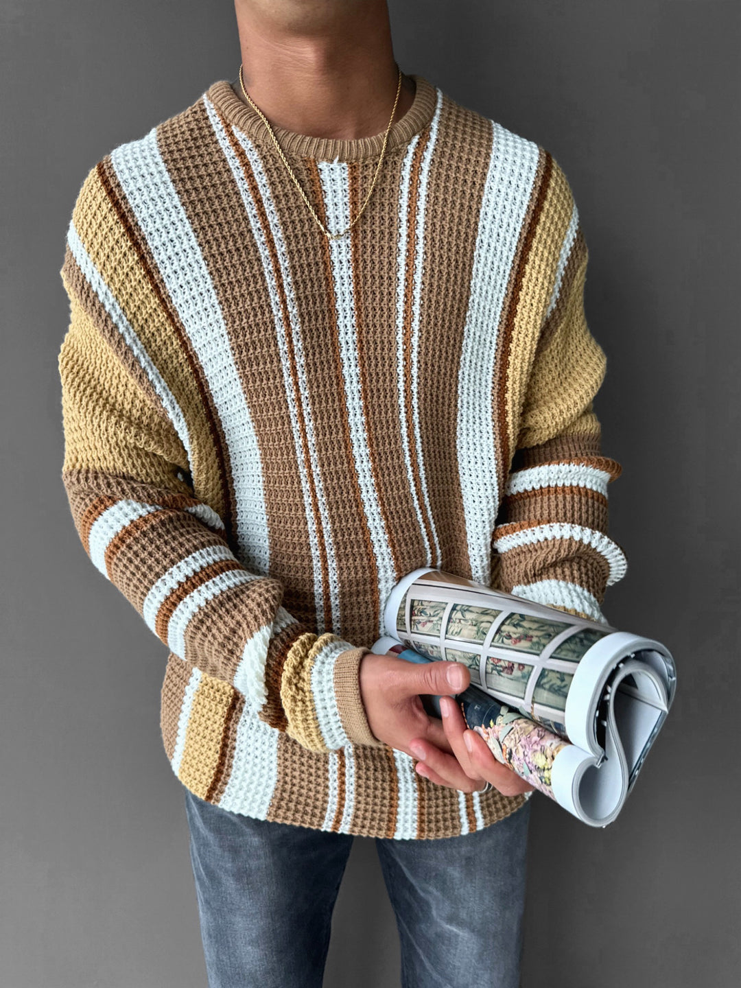 Oversize Striped Knit Sweater - Beige