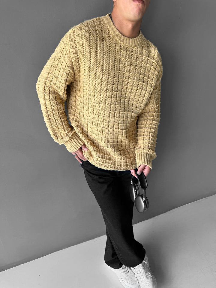 Oversize Grid Knit Sweater - Stone